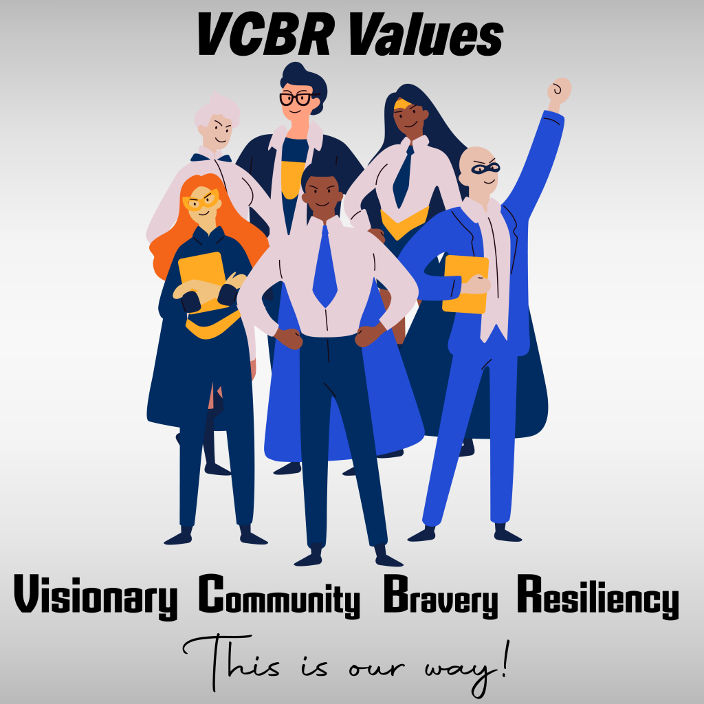 Image d'employés super-héros (personnel VCBR) représentant les valeurs de l'établissement.