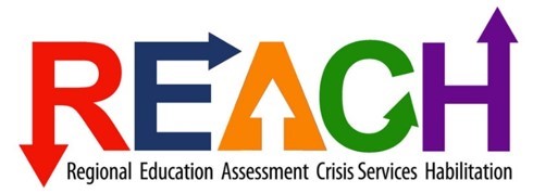 Un logo pour REACH. Rouge R, Bleu E, Orange A, Vert C, Violet H. REACH signifie Regional Education Assessment Crisis Services Habilitation.